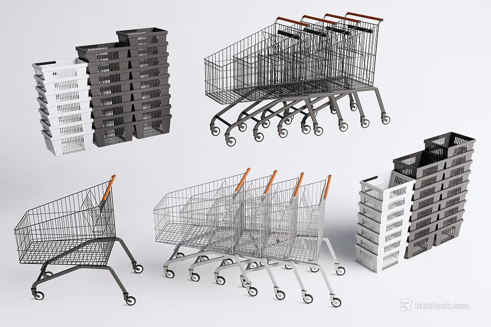 Public Facility Shopping Carts And Foldable Stackable Crates With Metal Frames And Wheels 3d model 
