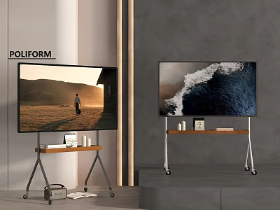 Two Flat Screen TVs On Rolling Metal Stands Display Nature Landscapes 3d model