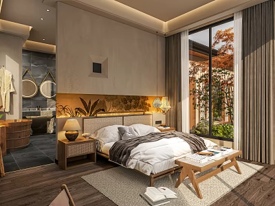 Cozy Homestay Guest Room Featuring Comfortable Bed Large Window Natural View And Decorative Painting 3d model