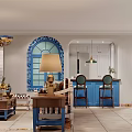 Mediterranean Living Dining Room Arched Blue Windows Striped Sofa And Chandelier Decor