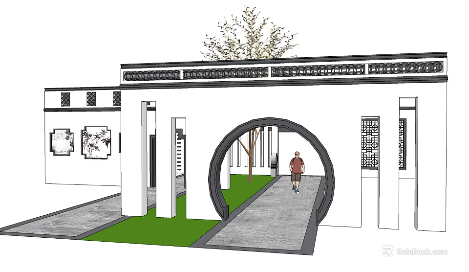 Traditional Chinese Garden Wall With Arched Gateway Greenery And Decorative Paintings 3d model 