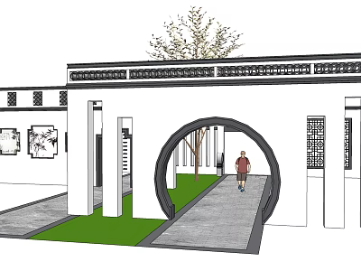Traditional Chinese Garden Wall With Arched Gateway Greenery And Decorative Paintings 3d model