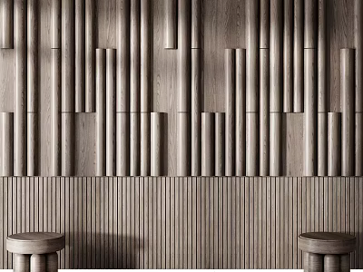 Modern Wooden TV Wall Design With Vertical Strips And Horizontal Panels 3d model