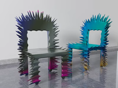 Colorful Spiky Leisure Chairs With Glossy Gradient Finish On Gray Floor White Wall 3d model