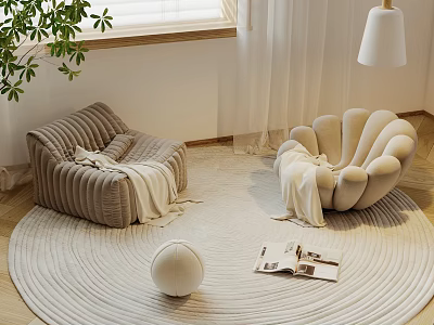 Elegant Bean Bag Chairs in Different Styles with Round Rug Magazine Plant by Window 3d model