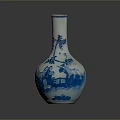 Carved Blue and White Porcelain Vase Featuring Slender Neck Globular Body and Landscape Figures