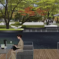 Modern Urban Garden Landscape With Blue Running Track Greenery Fitness Equipment And People Exercising