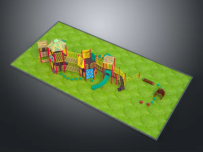 Colorful Children's Playground Structure With Slide Climbing Frames And Swings On Green Lawn 3d model