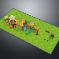 Colorful Children's Playground Structure With Slide Climbing Frames And Swings On Green Lawn