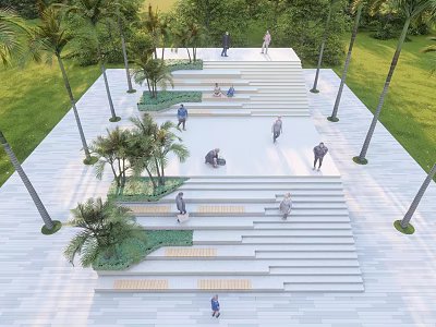 Outdoor Stairs with Palm Trees Greenery Lawn and Seating Areas in Public Space 3d model