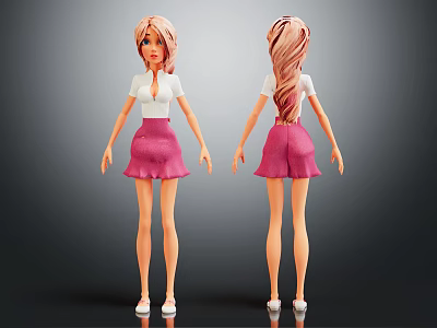 Doll Character With Pink Hair White Top And Pink Skirt Front And Back Views 3d model
