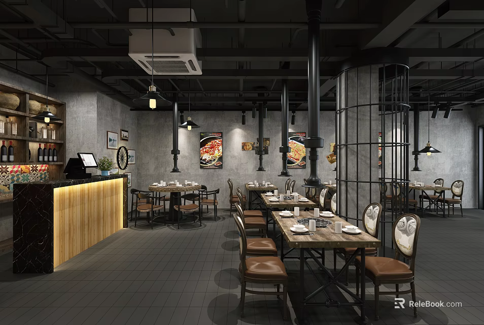 Industrial Style Restaurant Interior With Wooden Bar Metal Structures Dining Tables And Pendant Lights 3d model 