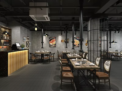 Industrial Style Restaurant Interior With Wooden Bar Metal Structures Dining Tables And Pendant Lights 3d model