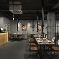 Industrial Style Restaurant Interior With Wooden Bar Metal Structures Dining Tables And Pendant Lights