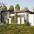 Modern Single Family Home Surrounded by Trees Green Lawn and Vintage Van in Driveway
