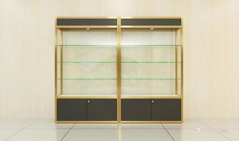 Modern Double Bookcase With Gold Frame Glass Doors Glass Shelves And Black Cabinets 3d model 