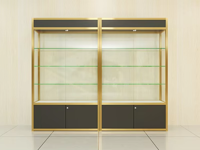 Modern Double Bookcase With Gold Frame Glass Doors Glass Shelves And Black Cabinets 3d model