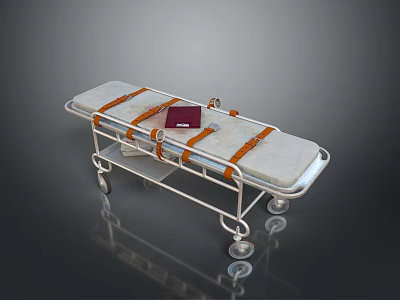Medical Stretcher With Wheels Brown Straps And Red Item On Mattress 3d model