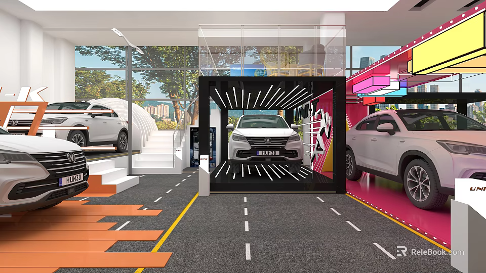 Modern Car Showroom Display With White Vehicles Glass Structure And Lighting 3d model 