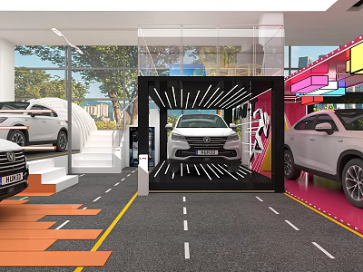 Modern Car Showroom Display With White Vehicles Glass Structure And Lighting 3d model