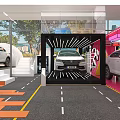 Modern Car Showroom Display With White Vehicles Glass Structure And Lighting