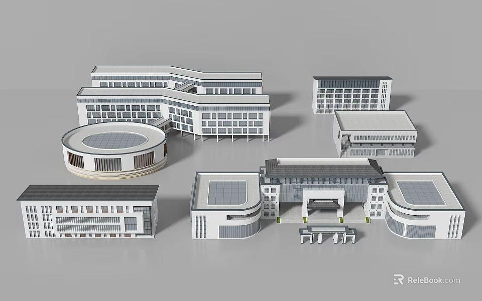 Modern Campus School Buildings With Different Shapes Flat Roofs And Windows 3d model 