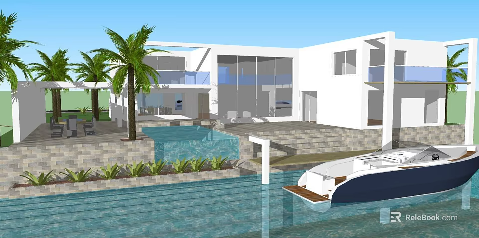Modern Detached Villa With White Exterior Large Windows Palm Trees Pool And Yacht 3d model 