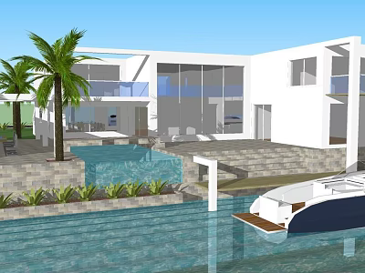 Modern Detached Villa With White Exterior Large Windows Palm Trees Pool And Yacht 3d model
