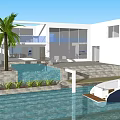 Modern Detached Villa With White Exterior Large Windows Palm Trees Pool And Yacht
