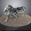 White Lion Stone Statue Standing On Circular Red Gravel Textured Base