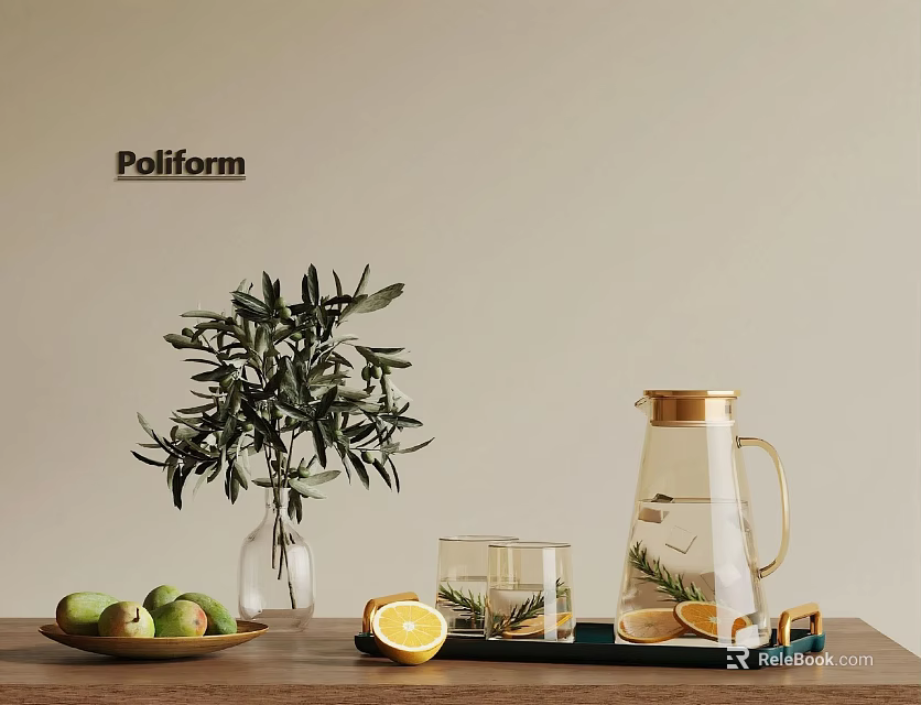 Elegant Glass Tea Set With Pitcher Cups Olive Branch And Citrus On Wooden Table 3d model 