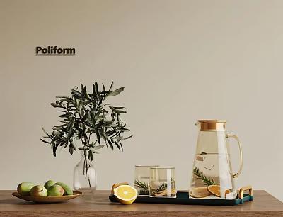 Elegant Glass Tea Set With Pitcher Cups Olive Branch And Citrus On Wooden Table 3d model