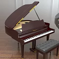 Dark Brown Grand Piano Musical Instrument With Stool In Wooden Floor Interior And Another Piano