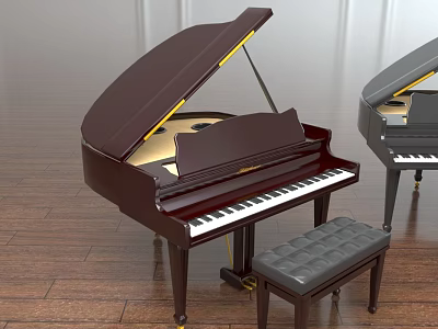 Dark Brown Grand Piano Musical Instrument With Stool In Wooden Floor Interior And Another Piano 3d model