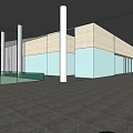 Modern Indoor Public Space With Glass Escalator White Columns Gray Tiled Floor And Spacious Design