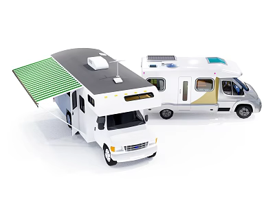 Two Modern RVs With Green Awning Solar Panels And White Exterior Design 3d model