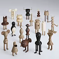 Wooden Animal Shaped Dolls on Shelf Display with Books Plants and Framed Art