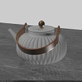 Elegant Silver Teapot with Wooden Handle and Ribbed Design on Marble Countertop