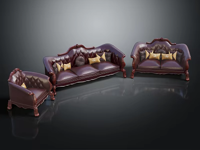 Elegant Dark Brown Sofa Set With Three Seater Two Seater Single Armchair And Golden Cushions 3d model