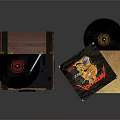 Open Vintage Leather Case Vinyl Record Player With Black Vinyl Records And Album Covers