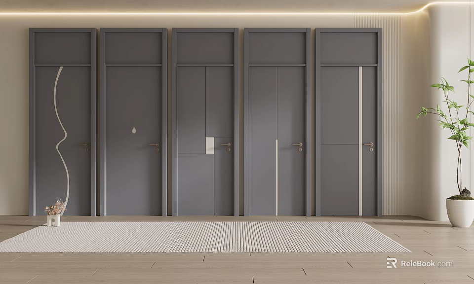 Row Of Modern Gray Swing Doors With Sleek Frames In Interior Design 3d model