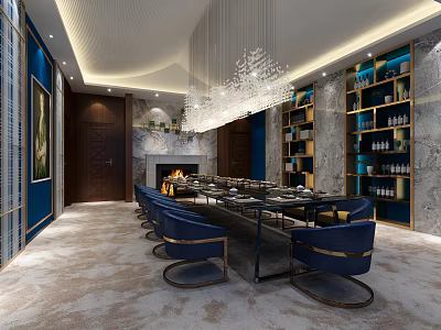 Luxurious Private Dining Room With Long Table Blue Chairs Marble Walls Bookshelves Fireplace And Chandelier 3d model