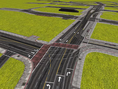 Complex Urban Road Infrastructure With Multi Lane Intersection Directional Arrows And Green Grass Areas 3d model