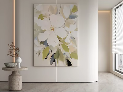 Abstract Painting with White Flowers and Green Leaves in Modern Minimalist Interior on White Wall 3d model