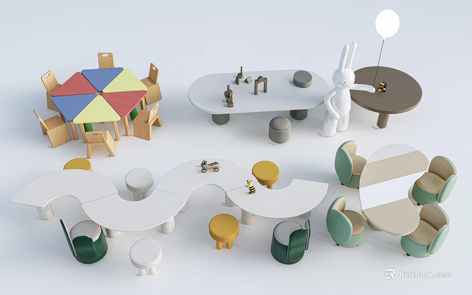 Kids Activity Tables With Curved Shapes Pastel Stools And Safe Play Design Elements 3d model 