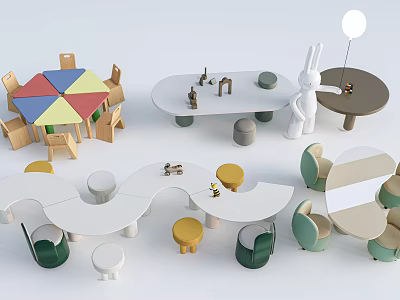 Kids Activity Tables With Curved Shapes Pastel Stools And Safe Play Design Elements 3d model