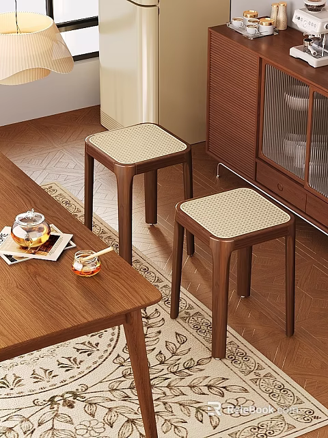 Wooden Stools With Light Woven Seats In Cozy Indoor Wooden Furniture Setting 3d model 