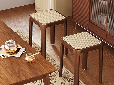 Wooden Stools With Light Woven Seats In Cozy Indoor Wooden Furniture Setting 3d model