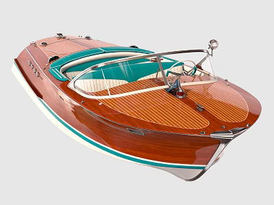 Classic Wooden Yacht With Green Seats And Vintage Steering Wheel Design 3d model