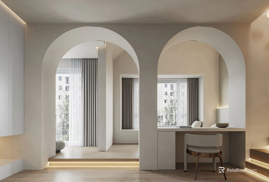 Modern Bedroom Interior With White Arched Doorways Vanity Table Windows Curtains And Warm Lighting 3d model 